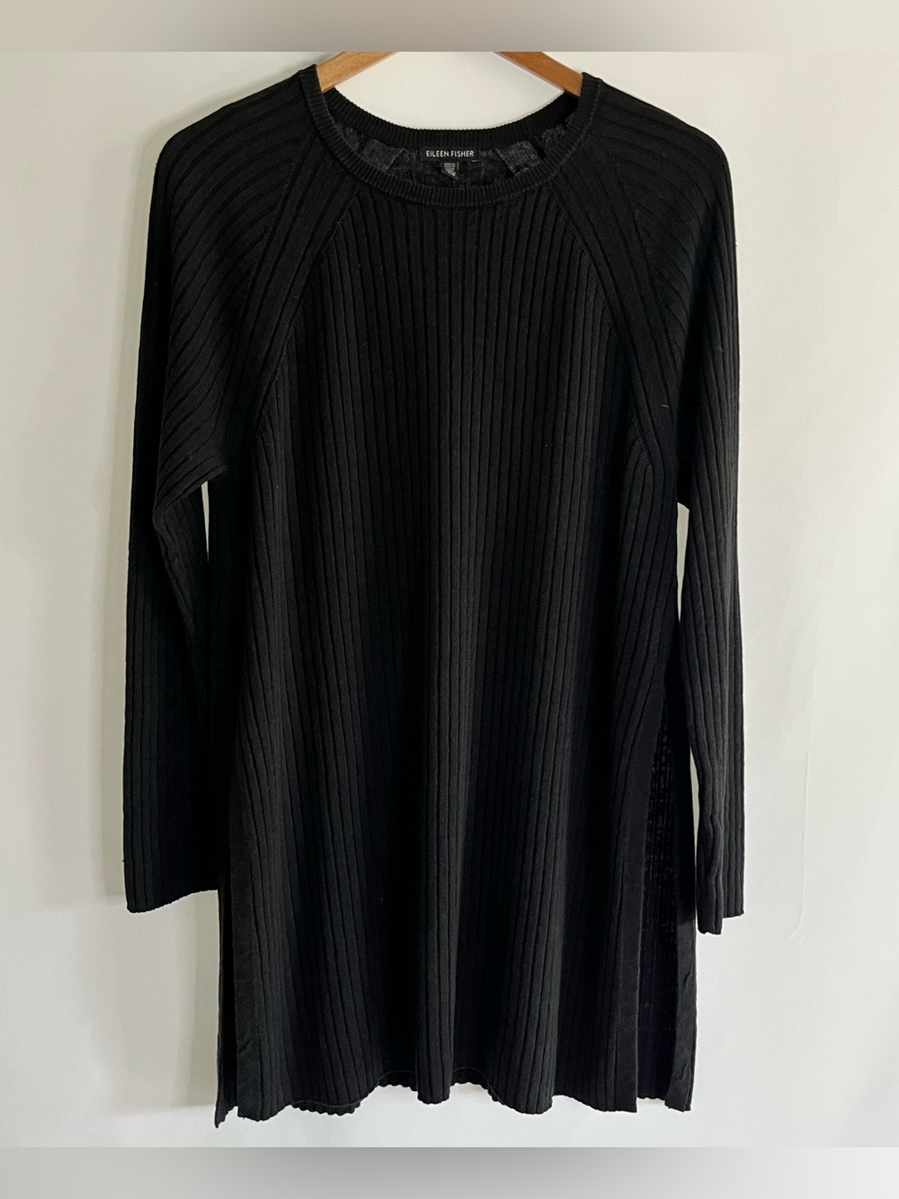 Eileen Fisher Women’s Black Linen Cotton Ribbed Knit Longline Tunic Sweater Lg